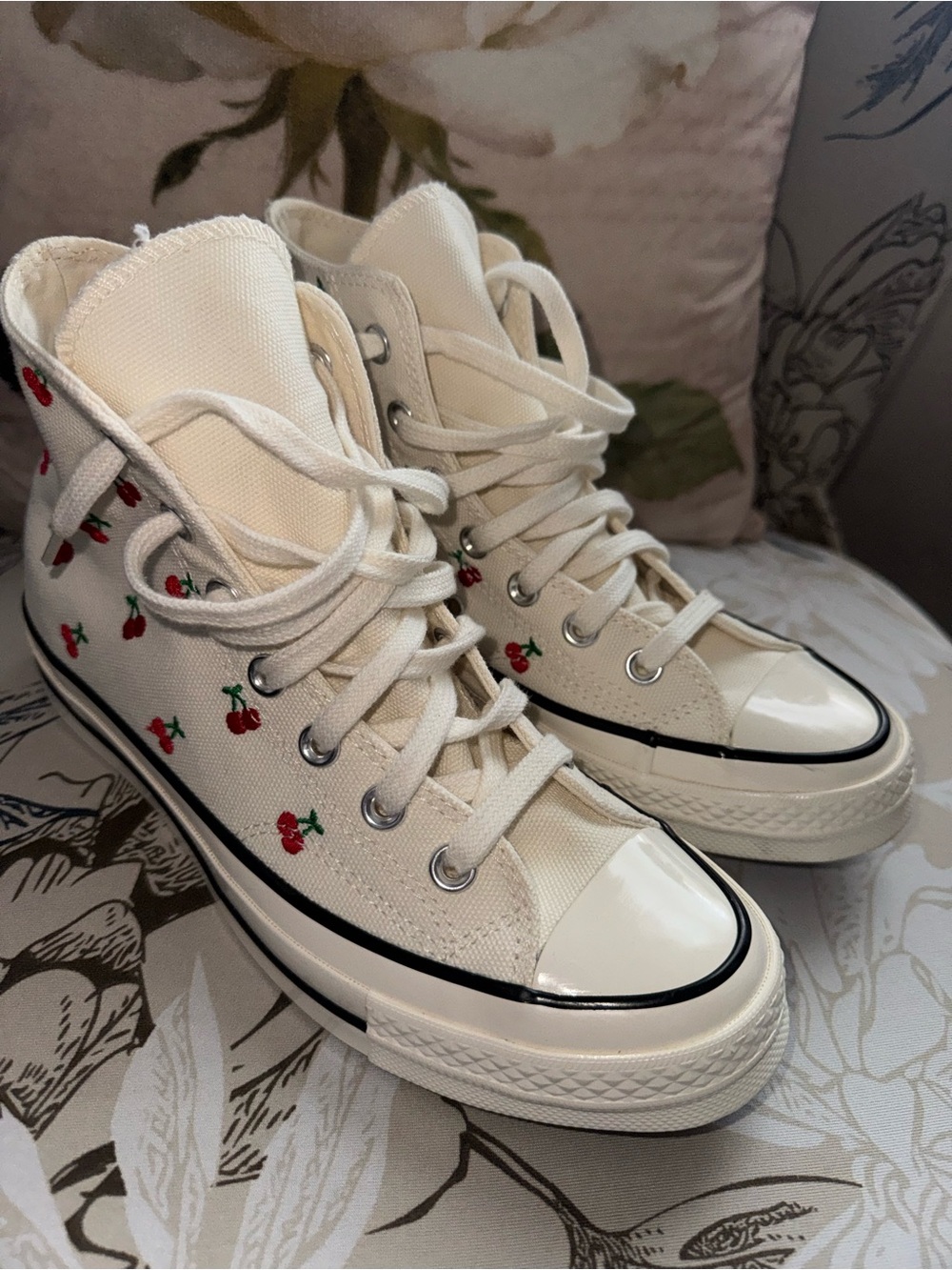 Converse Cream High-Top Sneakers with Red Cherry Embroidery